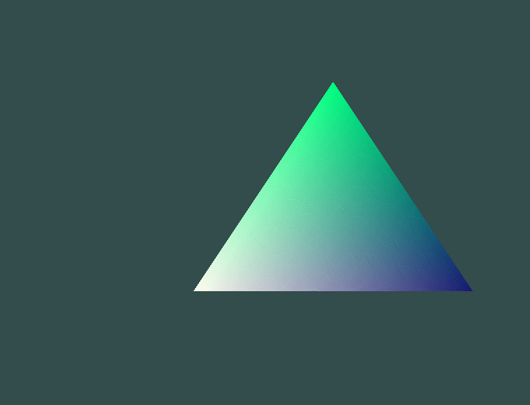 gif with a multi color (blue, white, teal) triangle on a bluish green background moving around